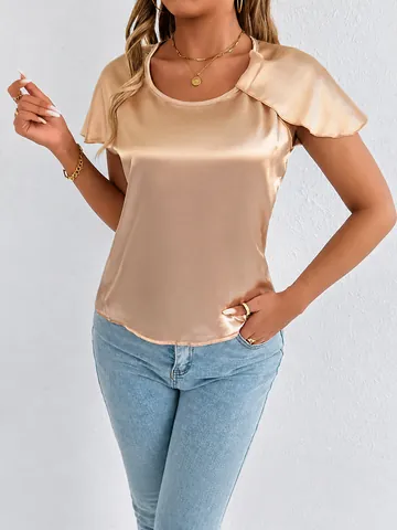 Women Elegant Satin Short Sleeve T-Shirt Round Neck Ruffle Sleeve Faux Silk Top Casual Solid Color Commuter Blouse