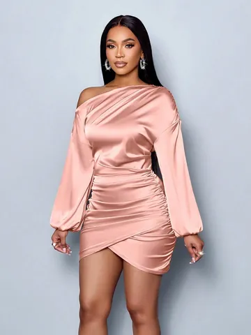 Women Sexy One Shoulder Satin Long Sleeve Ruched Mini Dress Elegant Bodycon Asymmetrical Wrap Clubwear Evening Party Dress