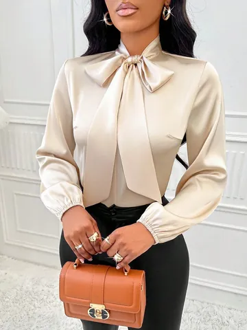 Chemisier en Satin à Nœud Papillon pour Femmes Élégant Col Écharpe Haut à Manches Lanternes Longues Couleur Unie Ample en Polyester