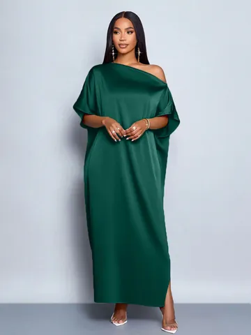 Women Elegant One Shoulder Satin Maxi Dress Solid Color Loose Splicing Banquet Evening Party Gown Dress For Spring