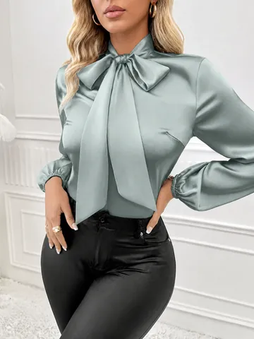 Chemisier en Satin à Nœud Papillon pour Femmes Élégant Col Écharpe Haut à Manches Lanternes Longues Couleur Unie Ample en Polyester