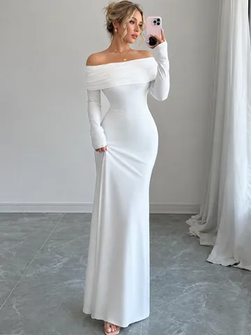Women Off-Shoulder Maxi Dress Slim Fit Long Sleeve Evening Gown Solid Color Polyester Elastic Party Banquet Elegant Prom Dress