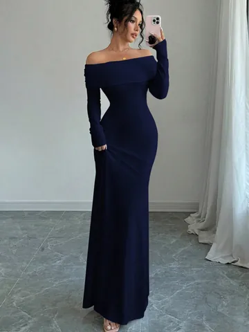 Women Off-Shoulder Maxi Dress Slim Fit Long Sleeve Evening Gown Solid Color Polyester Elastic Party Banquet Elegant Prom Dress