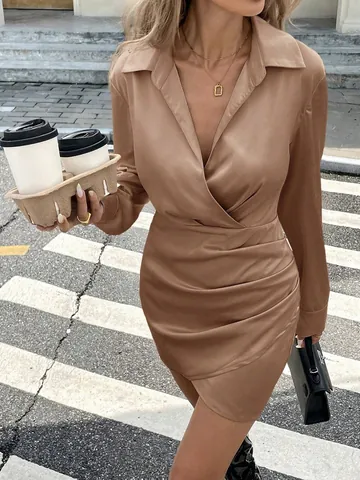 Women Elegant Satin Ruched Mini Dress Long Sleeve V Neck Slim Fit Pleated Cocktail Party Bodycon Short Dress For Spring