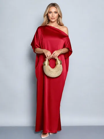 Women Elegant One Shoulder Satin Maxi Dress Solid Color Loose Splicing Banquet Evening Party Gown Dress For Spring