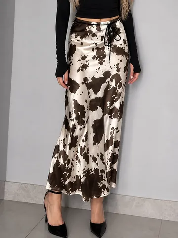 Women Cow Print Satin Midi Skirt Elegant High Waist Animal Pattern Silky A-Line Skirt Office Daily Wear Fashion Bottom