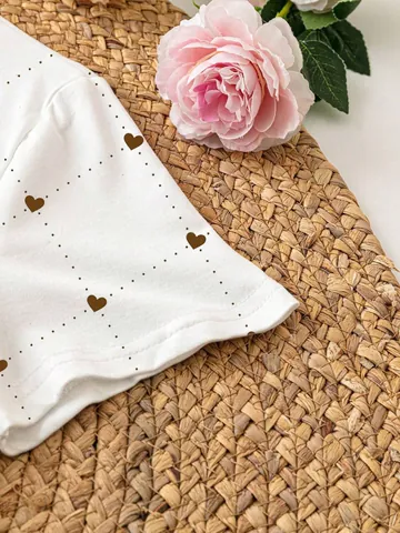 Maglietta a Maniche Corte Elegante da Donna Girocollo in Poliestere con Stampa a Cuore e Pois Marrone Top Bianco Casual