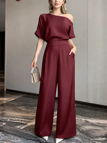 Women Elegant Satin Asymmetric One Shoulder Jumpsuit Wide Leg Pants Formal Party Evening Dress One Piece Outfit