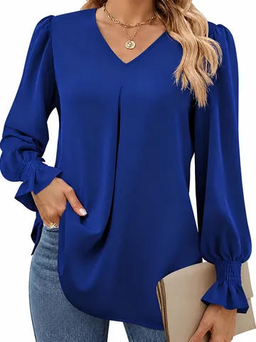 Women V Neck Satin Blouse Smocked Flare Sleeve Solid Color Long Sleeve Blouse Top Elegant Office Casual Blouse Top Imitation Silk Shirt