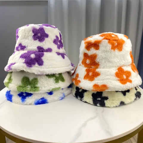 Women Winter Floral Print Bucket Hat Soft Faux Rabbit Fur Warm Plush Basin Hat Fashion Foldable Outdoor Fisherman Cap