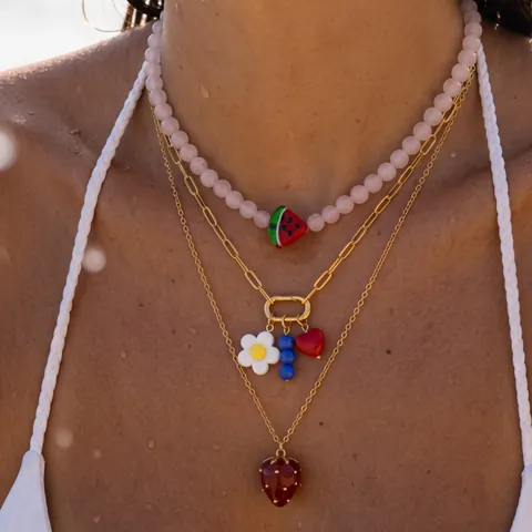 Collana a Strati per Vacanze al Mare Estive da Donna Perline Colorate Fatte a Mano Ciondolo Pesce Frutta Perla Artificiale Gioielli in Rame