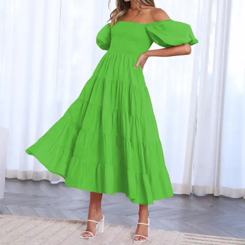 Women Off Shoulder Smocked Midi Dress Puff Sleeve Tiered Ruffle Hem Solid Color Tulle Summer Casual Vacation Commuter Dress