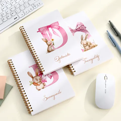 Easter Theme A5 Spiral Notebook For Office School Supplies Featuring Watercolor Letter And Rabbit Illustration Floral Design Pink Ribbon Stationery