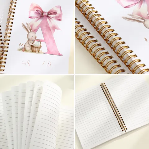 Easter Theme A5 Spiral Notebook For Office School Supplies Featuring Watercolor Letter And Rabbit Illustration Floral Design Pink Ribbon Stationery