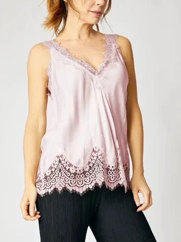 Women Sexy Lace Stitching V Neck Camisole Loose Satin Look Polyester Tank Top Sleeveless Fashion Casual Vest Top