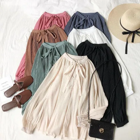 Camisa de Gasa Plisada con Cuello en V de Estilo Coreano Vintage para Mujer Manga Larga con Lazada Blusa Elegante Top