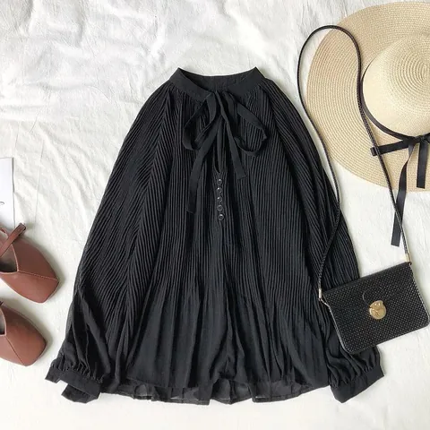 Camisa de Gasa Plisada con Cuello en V de Estilo Coreano Vintage para Mujer Manga Larga con Lazada Blusa Elegante Top