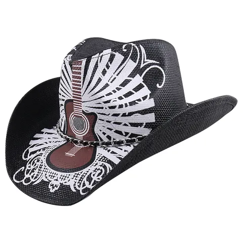 Western Cowboy Straw Hat For Men Women Outdoor UV Protection Wide Brim Sun Hat Knight Jazz Hat With Stars Guitar Skull Pattern