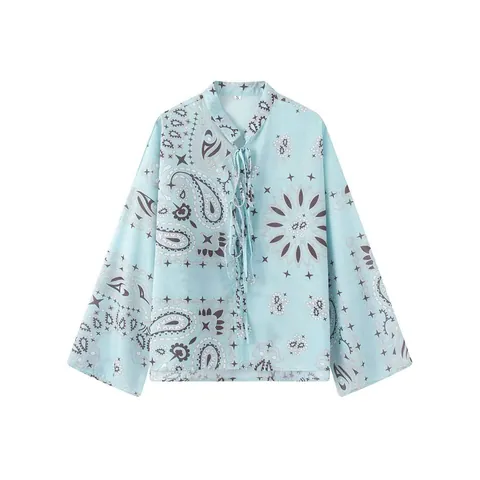 Women Polyester Paisley Printed Long Sleeve Shirt Top Or Wide Leg Pants Casual Summer Bohemian Fashion Light Lake Blue Top Bottom