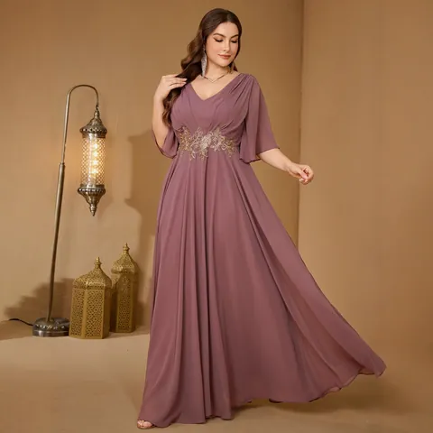 Plus Size Elegant V Neck Ruffle Sleeve Printed Maxi Dress For Women Loose Skirt Banquet Party Evening Gown Polyester Dress