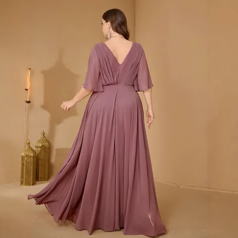 Plus Size Elegant V Neck Ruffle Sleeve Printed Maxi Dress For Women Loose Skirt Banquet Party Evening Gown Polyester Dress