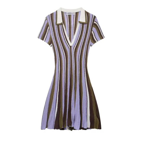 Women Vintage Striped Knit Midi Dress V Neck Lapel Polo Collar Short Sleeve Slim Fit Elegant Casual Knitted Bodycon Dress