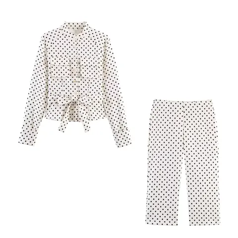 Women's Fashion Polka Dot Print Jacket And Capri Pants Matching Set Long Sleeve Belted Top And Elastic Bottoms Casual Suit
