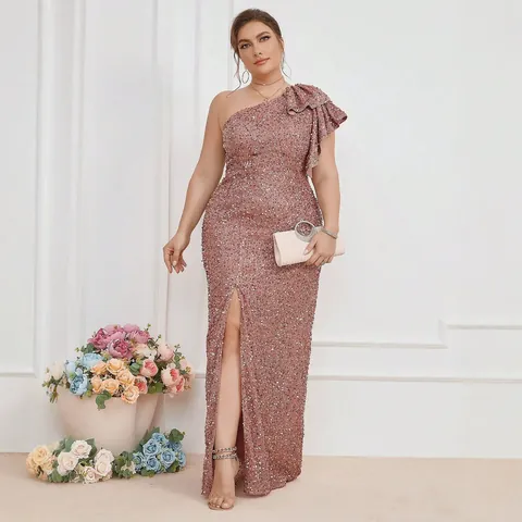 Damen Übergröße Ein Schulter Pailletten Abendkleid Elegant Rüschen Hoher Schlitz Maxi Party Kleid Luxuriös Bodycon Bankett Kleid