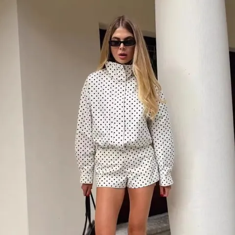 Giacca da Donna con Stampa a Pois e Collo Alto a Zip Moda Casual a Maniche Lunghe Cappotto Corto Top O Bottom Set