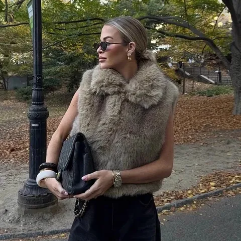 Chaleco de Piel Sintética a la Moda para Mujer Chaqueta sin Mangas Chaleco de Piel Artificial para Otoño Invierno Streetwear Ropa de Abrigo Cálida
