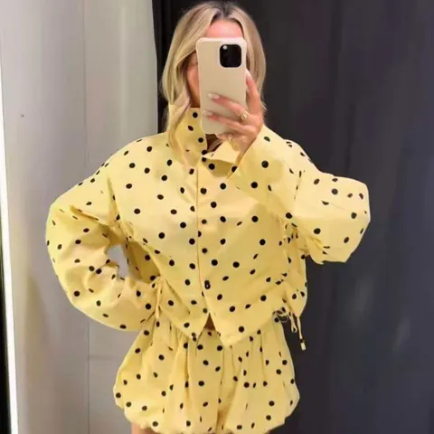 Giacca a Pois da Donna e Pantaloncini Set Design con Coulisse Orlo a Bolle Moda Capispalla per Donna Vacanza Casuale