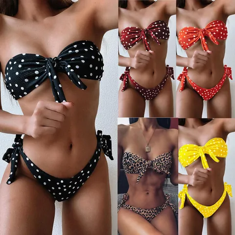 Damen Sexy Polka Dot Leopard Print Bikini Set Nylon Rippen Ober- Und Unterteil Bandeau Bademode Mit Schleife Badeanzug