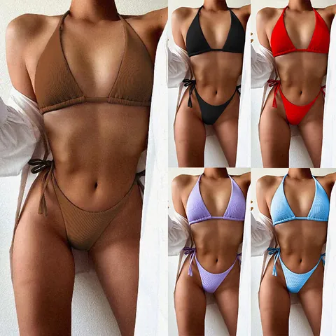 Women's Ribbed Halter Tie Two-Piece Bikini Top And Bottom Solid Color Triangle Swimsuit Sexy Beachwear Bathing Suit