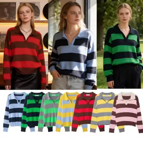 Maglione da Donna in Maglia a Righe Casual Vestibilità Comoda Maniche Lunghe Polo Scollo a V Autunno Semplice Versatile