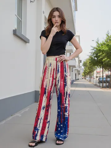 Damen Hip Hop Lockere Hose Mit Geradem Bein 3D USA Flagge Druck Streetwear Casual Weite Hose Große Taschen Unterteil
