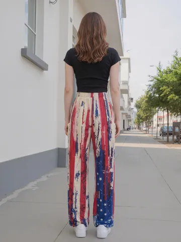 Damen Hip Hop Lockere Hose Mit Geradem Bein 3D USA Flagge Druck Streetwear Casual Weite Hose Große Taschen Unterteil