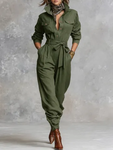 Women Casual Lapel Single-Breasted Waist Tie Jumpsuit Solid Color Shirt Sleeve Straight Leg Commuter Polyester Jumpsuit Jumpsuit Fashion Women Clothing