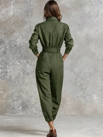 Women Casual Lapel Single-Breasted Waist Tie Jumpsuit Solid Color Shirt Sleeve Straight Leg Commuter Polyester Jumpsuit Jumpsuit Fashion Women Clothing