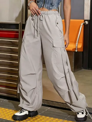 Damen Locker Lässige Cargohose Niedrige Taille Mehrere Taschen Kordelzug Band Weite Streetwear Polyesterhose