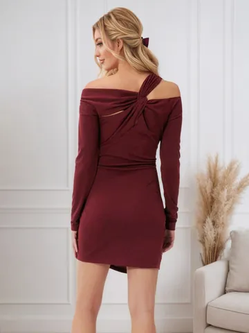 Women Elegant Wine Red Off Shoulder Ruched Dress Twist Front Long Sleeve Slim Fit Bodycon Mini Dress For Night Out Clubwear