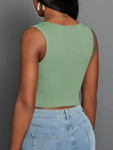 Women Avocado Green V Neck Ribbed Knit Cami Top Slim Fit Cropped Summer Sleeveless Vest Casual Basic Ribbed Undershirt Top