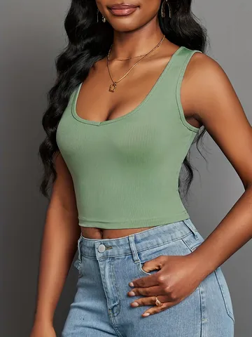Women Avocado Green V Neck Ribbed Knit Cami Top Slim Fit Cropped Summer Sleeveless Vest Casual Basic Ribbed Undershirt Top