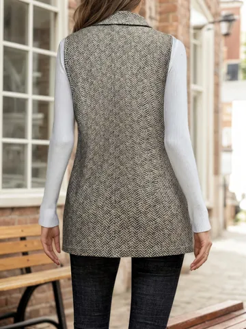 Damen Elegant Fischgrätenmuster Weste Blazer Slim Fit Revers Ärmellos Lange Jacke Top Khaki Bürokleidung Oberbekleidung