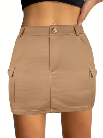 Women's European Knitted Cargo Mini Skirt Khaki Bodycon Short Skirt With Pockets Streetwear Fashion Casual Bottom Bottom