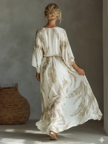 Women Bohemian Feather Print Maxi Dress Deep V-Neck Batwing Sleeve Tie Waist Off-White Vacation Polyester Long Dress
