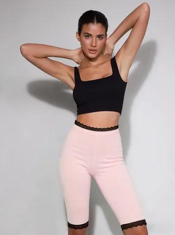 Women Fashion Polka Dot Printed Capri Pants With Lace Trim Elastic High Waist Slim Fit Spicy Girl Style Casual Trousers Bottom