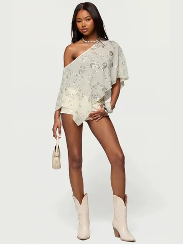 Châle Poncho Femme Sexy d'une Pièce Brodée de Paillettes Florales en Polyester Style Vacances Top Asymétrique en Mesh