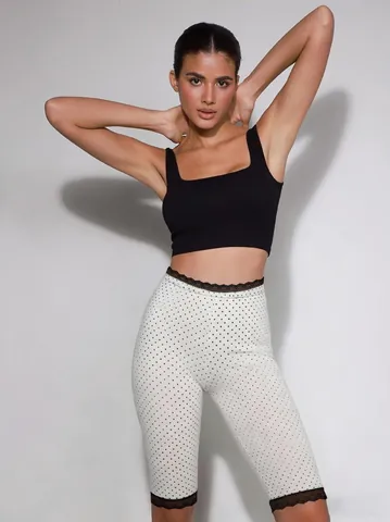 Women Fashion Polka Dot Printed Capri Pants With Lace Trim Elastic High Waist Slim Fit Spicy Girl Style Casual Trousers Bottom