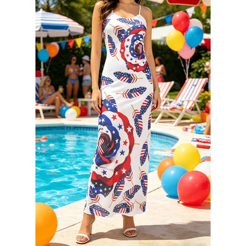 Women American Independence Day Flag Rose Feather Print Cami Maxi Dress Holiday Beach Long Dress Streetwear Slim Fit Dress