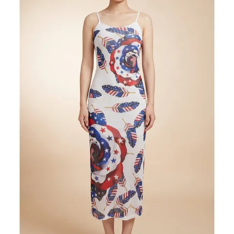 Women American Independence Day Flag Rose Feather Print Cami Maxi Dress Holiday Beach Long Dress Streetwear Slim Fit Dress